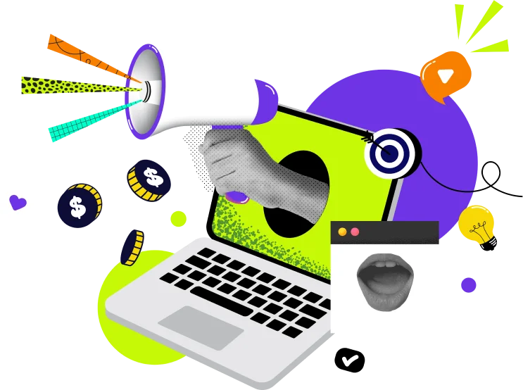 Ilustrasi digital marketing dengan megafon, laptop, dan target